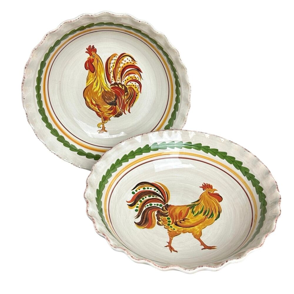 Williams Sonoma Tuscan Rooster serving bowls 9.75” ruffled rim hand painted set
